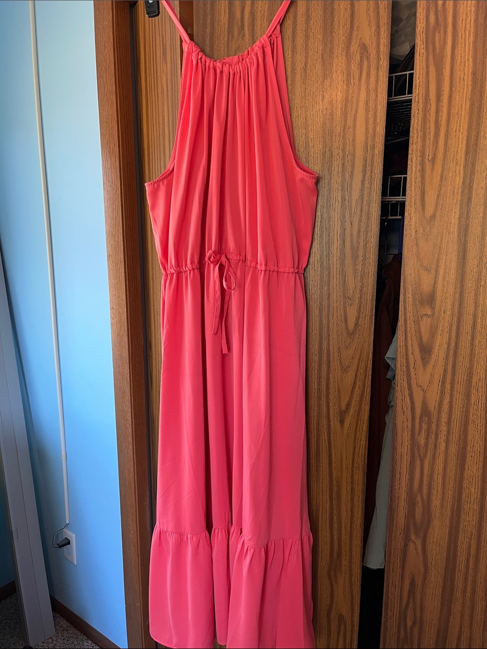 Coral color maxi dress